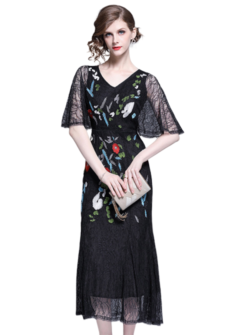 Lace Floral Midi One Piece Dress CA052718BK