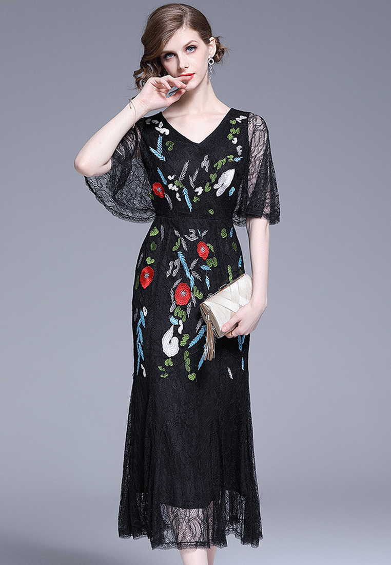 Lace Floral Midi One Piece Dress CA052718BK