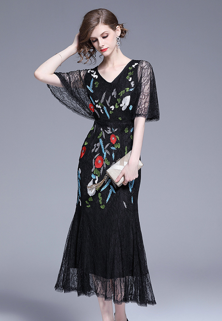 Lace Floral Midi One Piece Dress CA052718BK