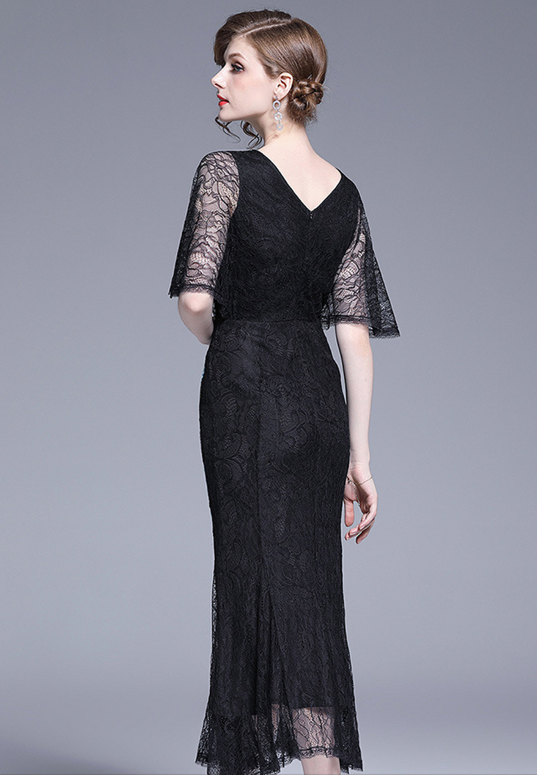 Lace Floral Midi One Piece Dress CA052718BK