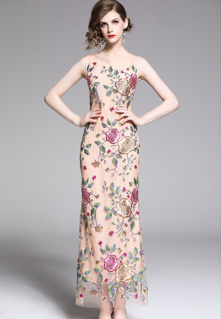 --Lace Sleeveless Floral Maxi One Piece Dress CA052724BE