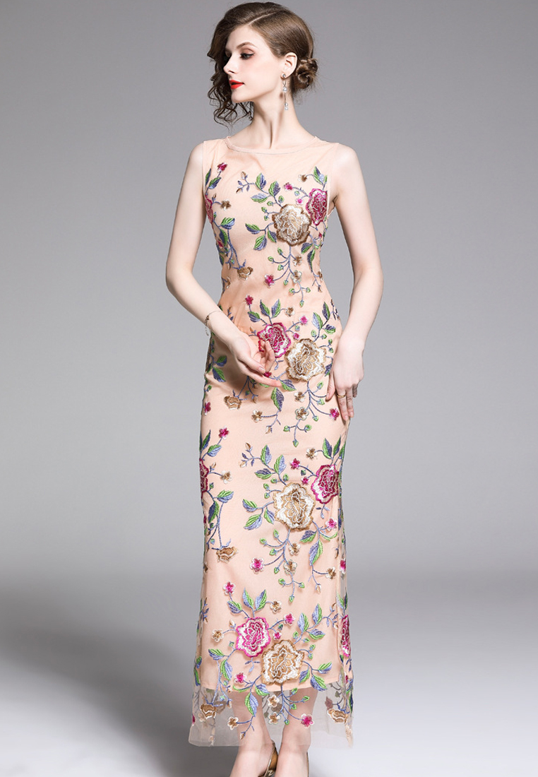 --Lace Sleeveless Floral Maxi One Piece Dress CA052724BE