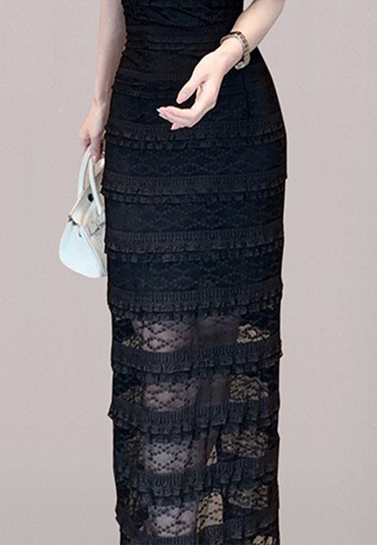 2023 Summer New Noble Wind Lotus Leaf Trim Slim Lace Sexy Cocktail Dress CA061339