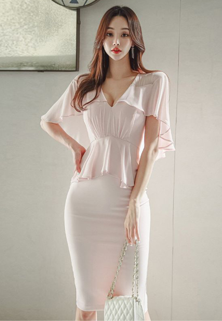 2023 New V-Neck Off-Shoulder Ruffled Hem Sexy Dress CA061349