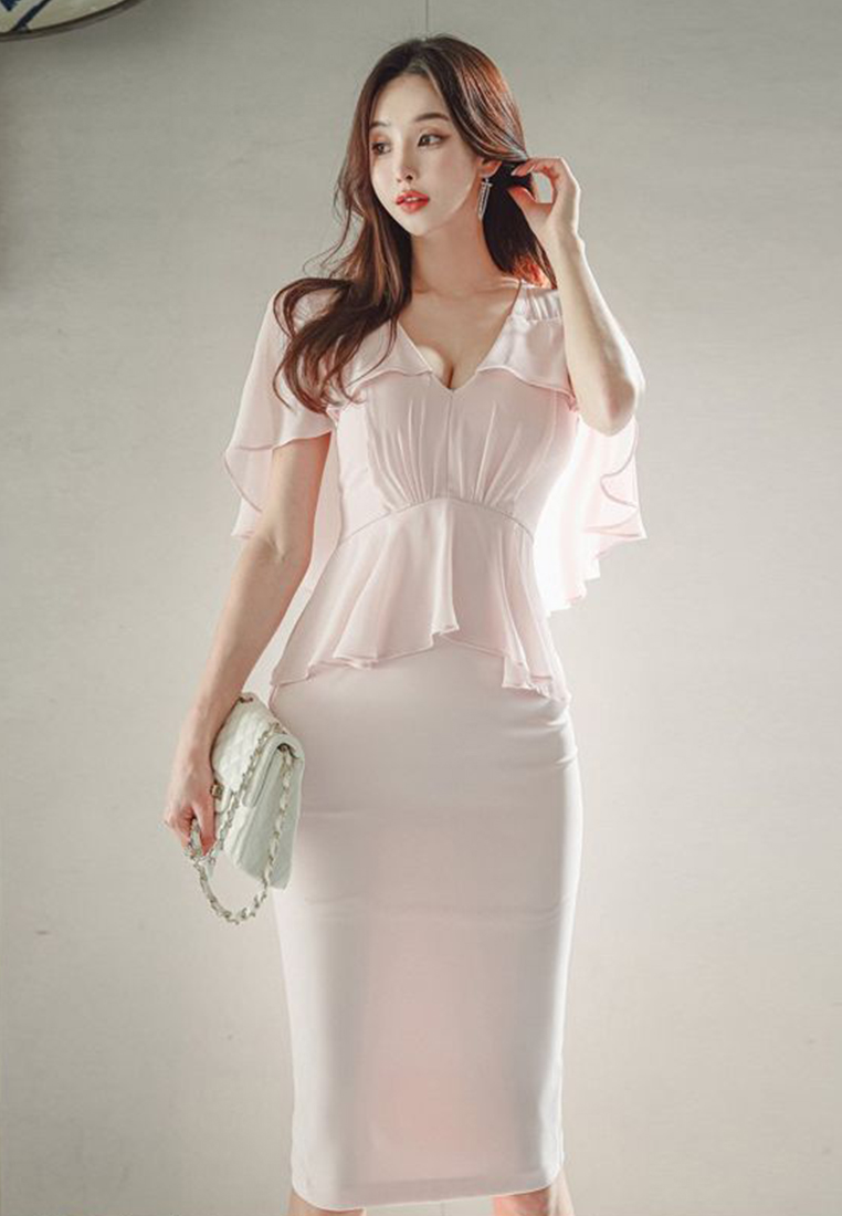 2023 New V-Neck Off-Shoulder Ruffled Hem Sexy Dress CA061349