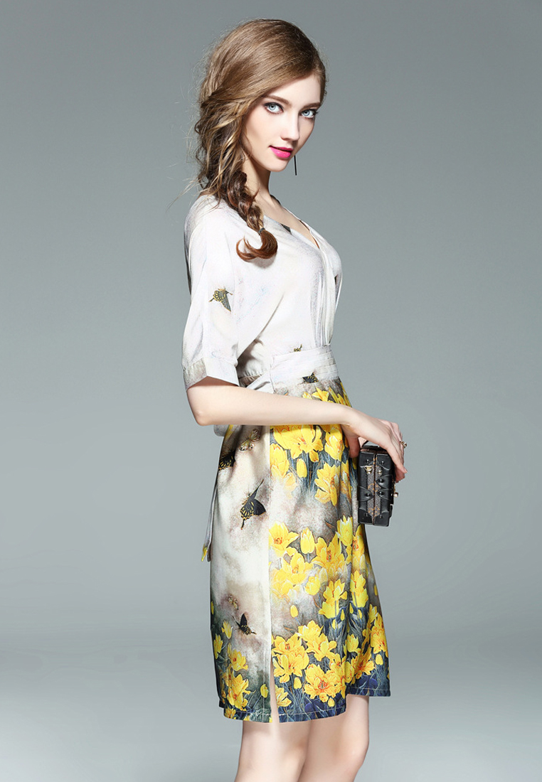 --Floral Printing V - Neck One Piece Dress CA062796NEW-0