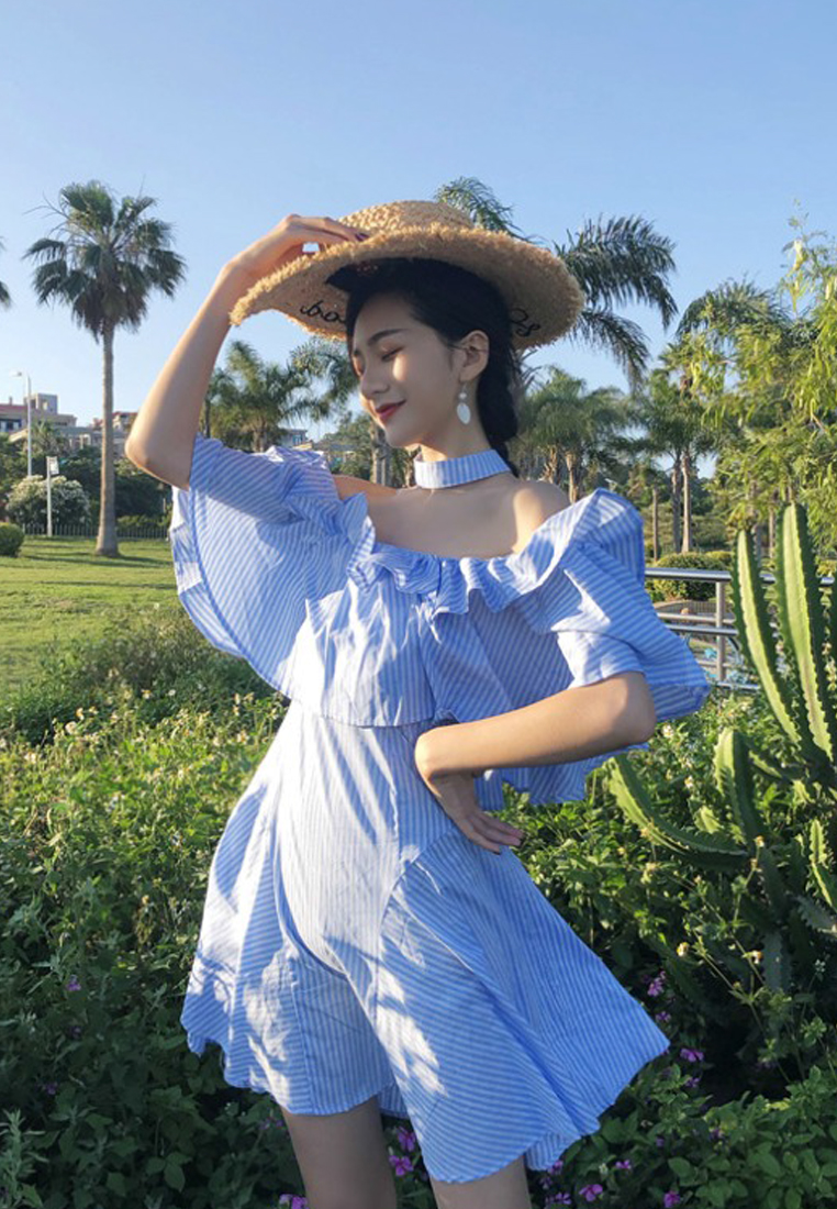 Blue Striped Pattern Off Shoulder One Piece Dress CA062905BL
