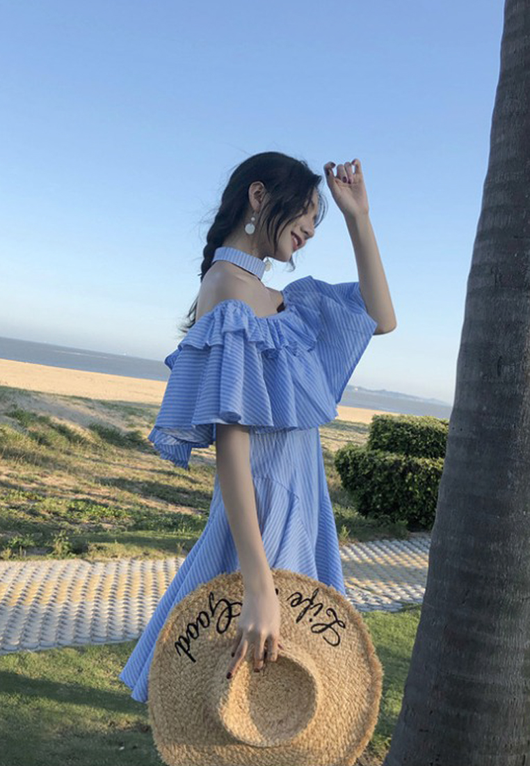 Blue Striped Pattern Off Shoulder One Piece Dress CA062905BL