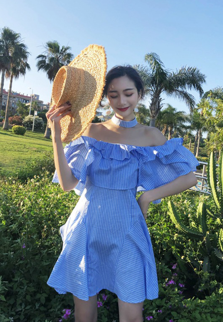 Blue Striped Pattern Off Shoulder One Piece Dress CA062905BL