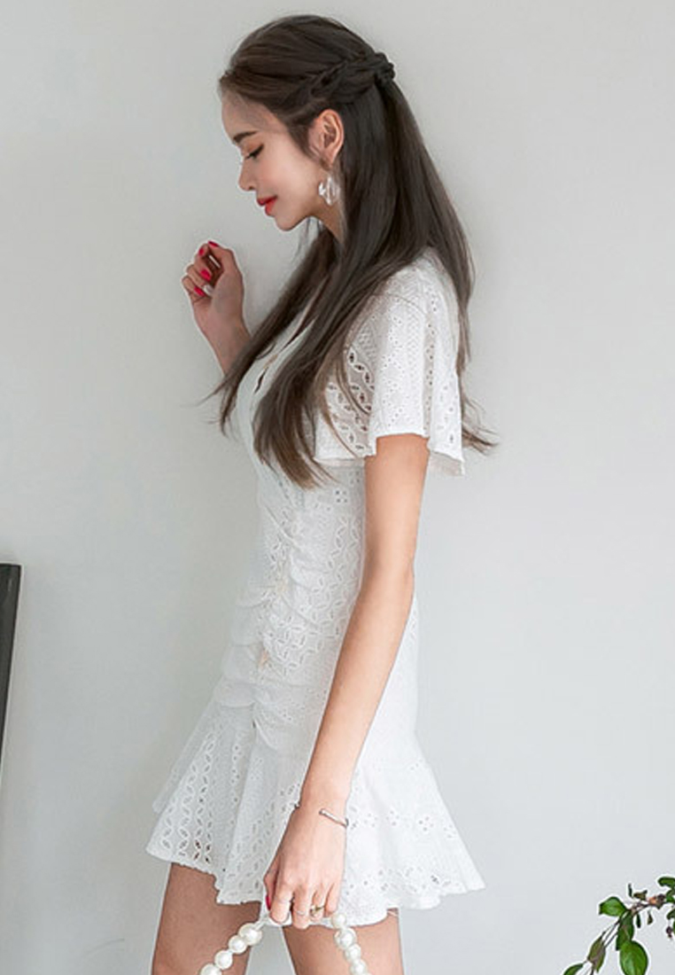 --White Lace V Neck One Piece Dress CA071906