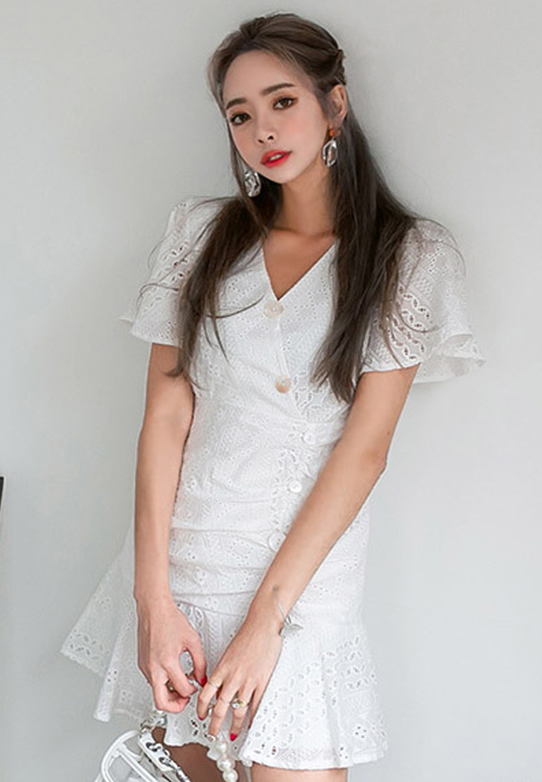 --White Lace V Neck One Piece Dress CA071906