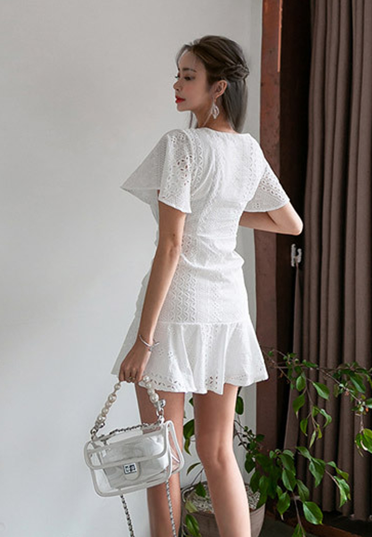 --White Lace V Neck One Piece Dress CA071906