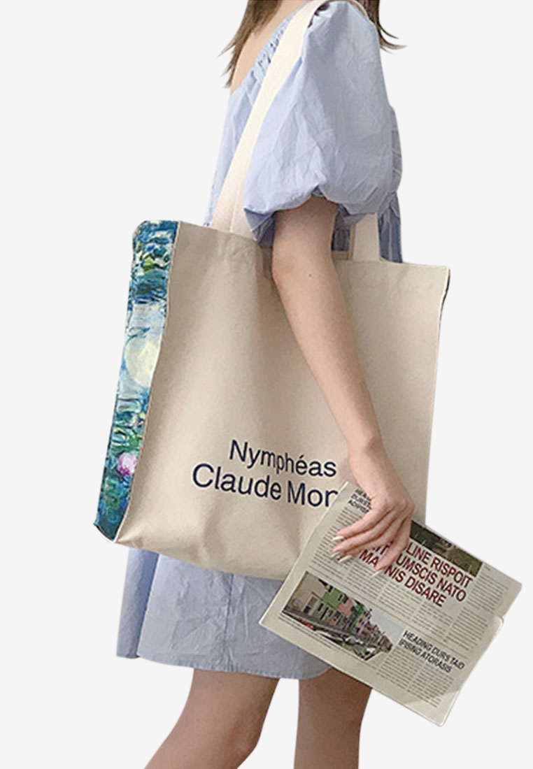 --Water Lily Oil Painting Pprinted Canvas Hand Bag CA072924