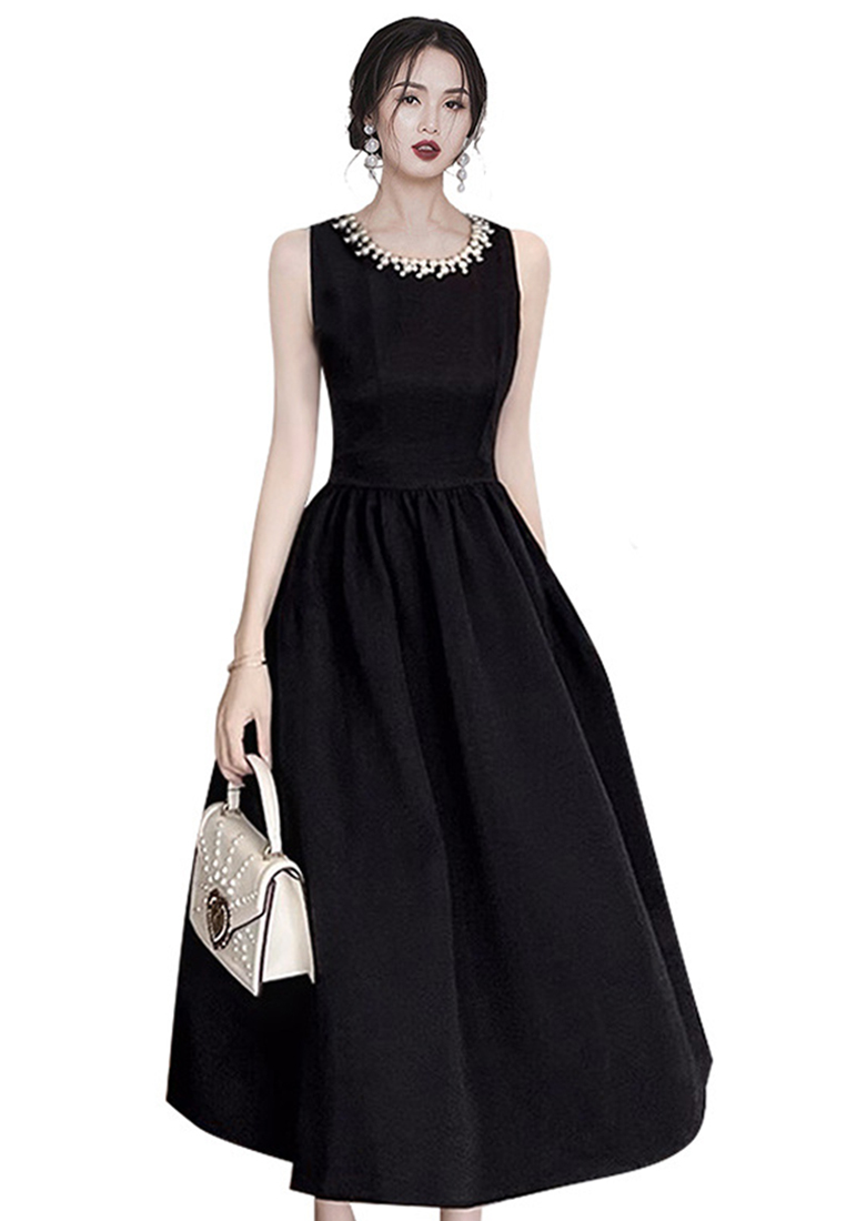 2023 New Summer Audrey Hepburn Style Black Dress CA080719