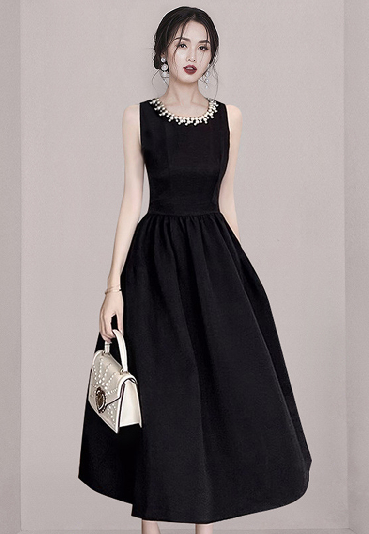 2023 New Summer Audrey Hepburn Style Black Dress CA080719