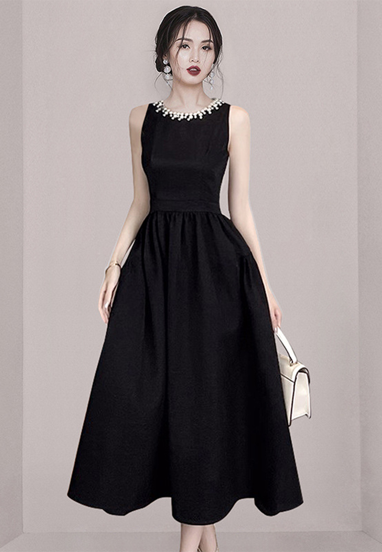 2023 New Summer Audrey Hepburn Style Black Dress CA080719