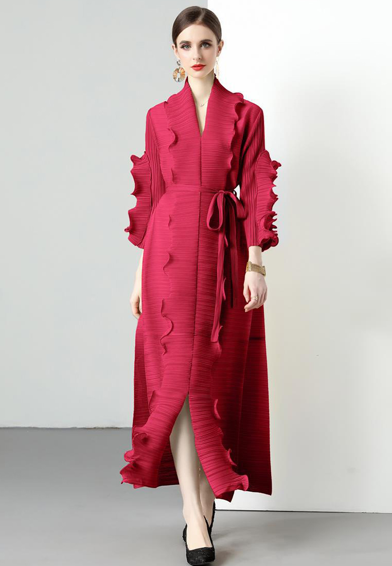 2023 Autumn Wave Ruffle Hem Belted Dress Women CA080727