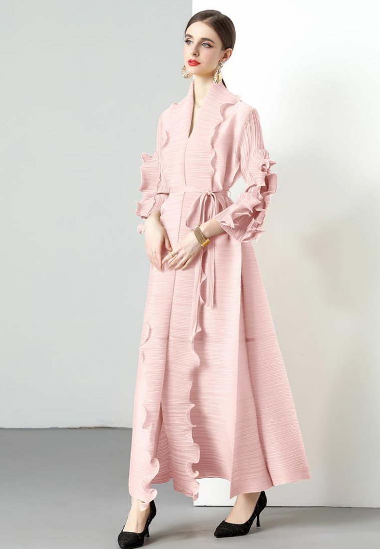 2023 Autumn Wave Ruffle Hem Belted Dress Women CA080727