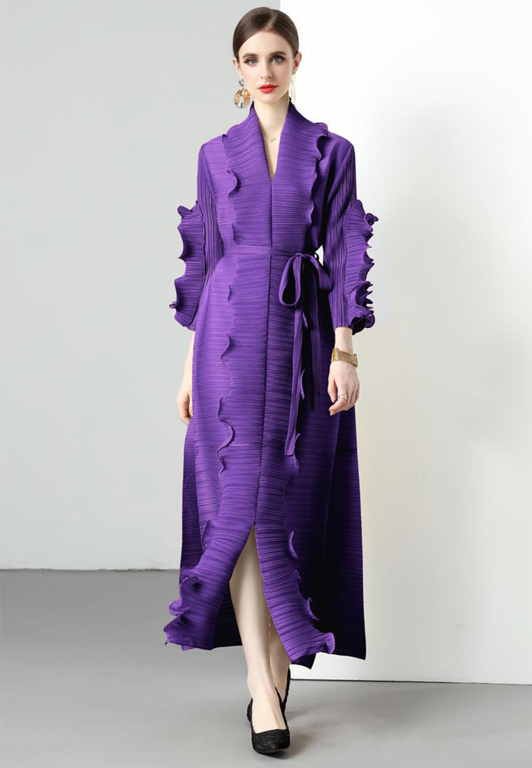 2023 Autumn Wave Ruffle Hem Belted Dress Women CA080727