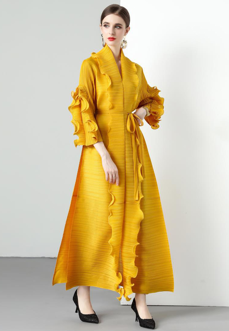 2023 Autumn Wave Ruffle Hem Belted Dress Women CA080727