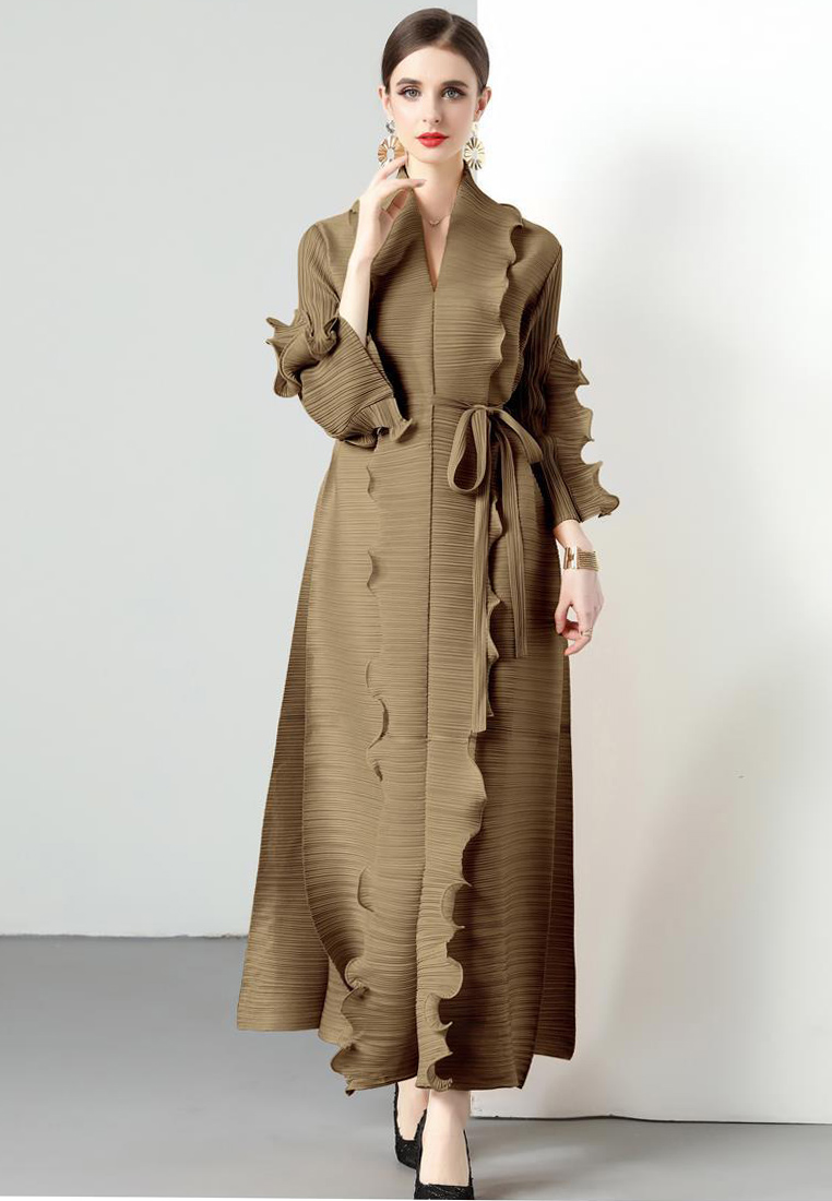 2023 Autumn Wave Ruffle Hem Belted Dress Women CA080727