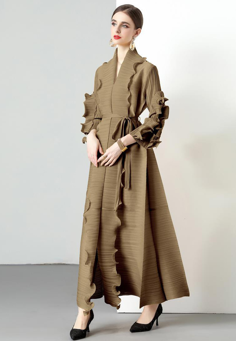 2023 Autumn Wave Ruffle Hem Belted Dress Women CA080727