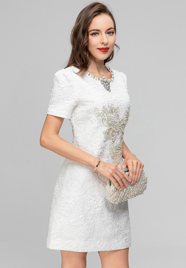 2023 Classic Design Short Sleeve Round Neck Jacquard Rhinestone Pearl Dress CA081601
