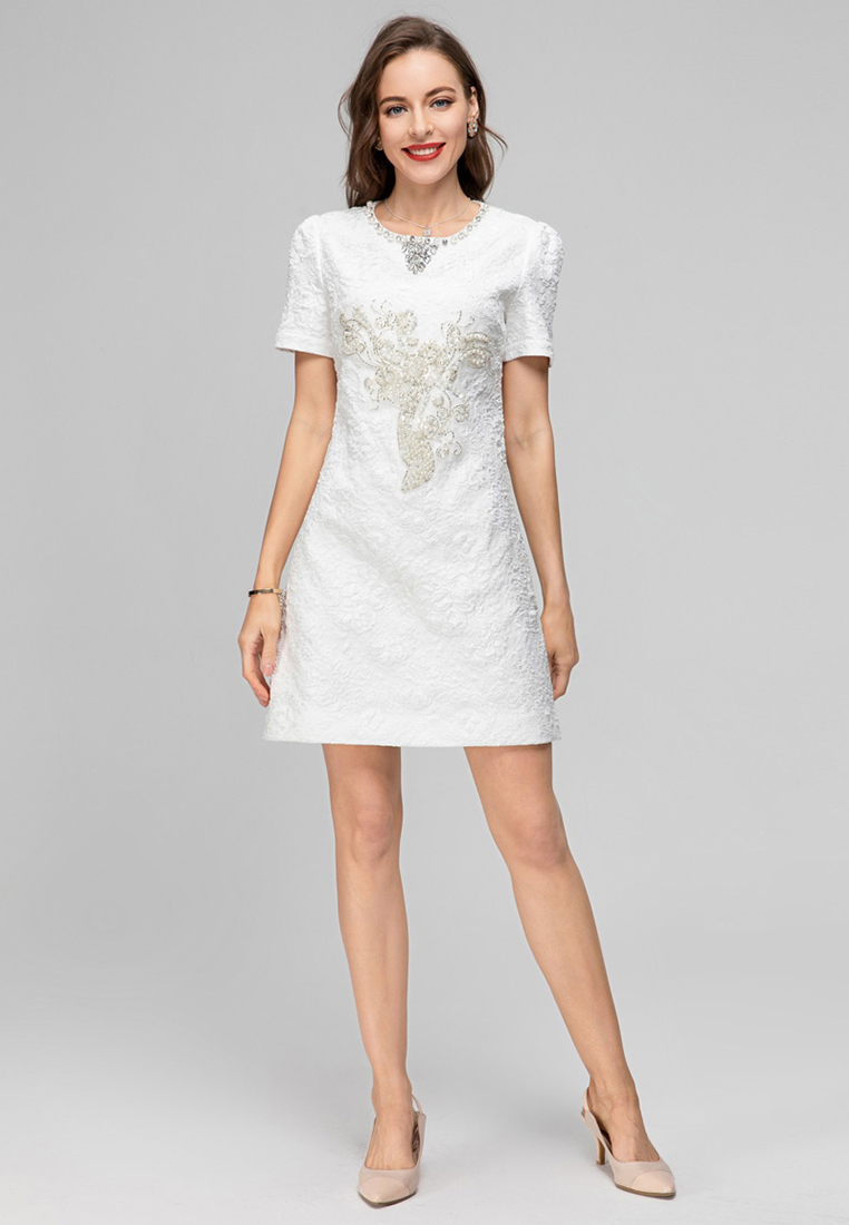 2023 Classic Design Short Sleeve Round Neck Jacquard Rhinestone Pearl Dress CA081601