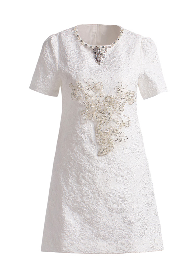 2023 Classic Design Short Sleeve Round Neck Jacquard Rhinestone Pearl Dress CA081601