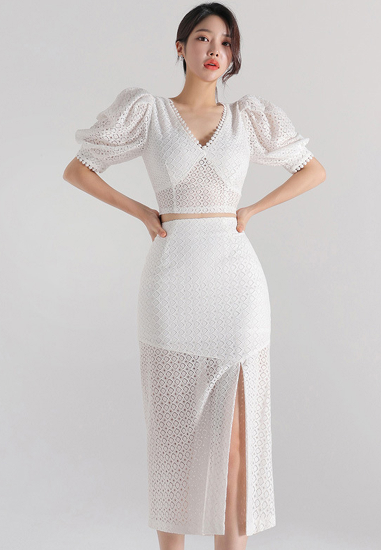 Summer New Two Piece Lace Split Wrap Hip Skirt Set CA081605