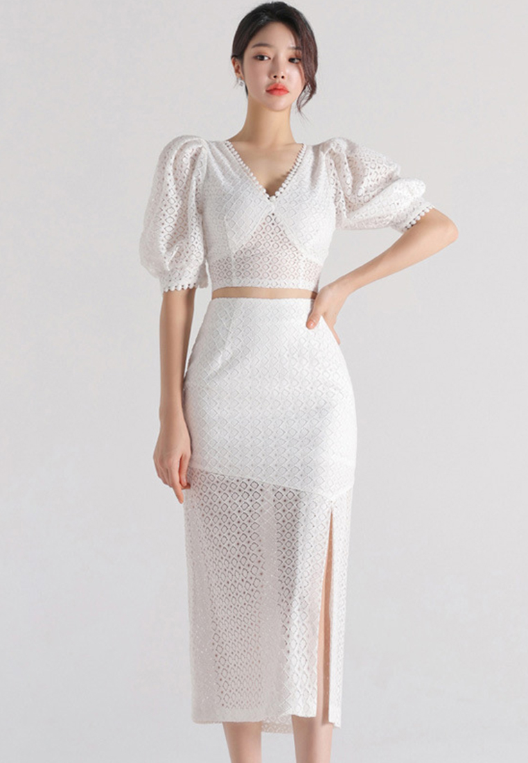 Summer New Two Piece Lace Split Wrap Hip Skirt Set CA081605