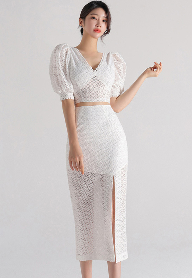 Summer New Two Piece Lace Split Wrap Hip Skirt Set CA081605