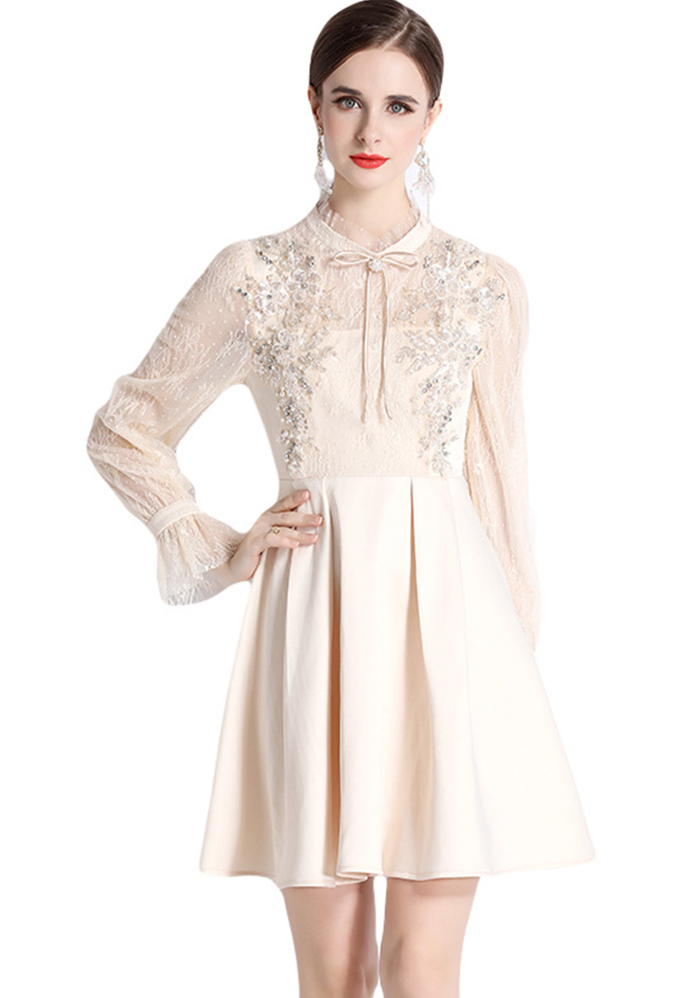 High Quality Royal Court-Inspired Gown Lace French Vintage Luxury Long Sleeves Mini DressCA081607