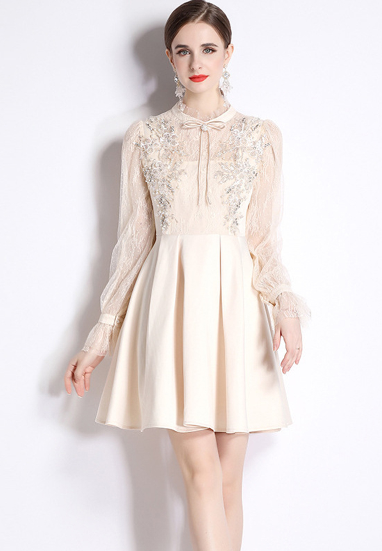 High Quality Royal Court-Inspired Gown Lace French Vintage Luxury Long Sleeves Mini DressCA081607