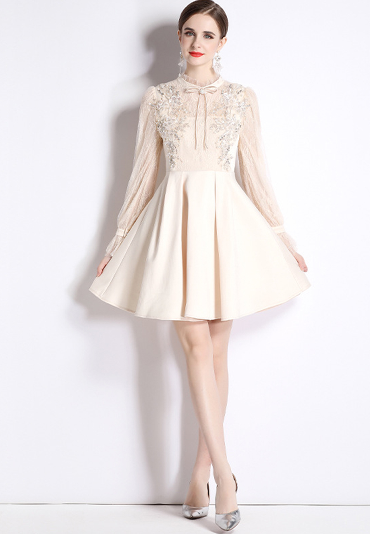 High Quality Royal Court-Inspired Gown Lace French Vintage Luxury Long Sleeves Mini DressCA081607