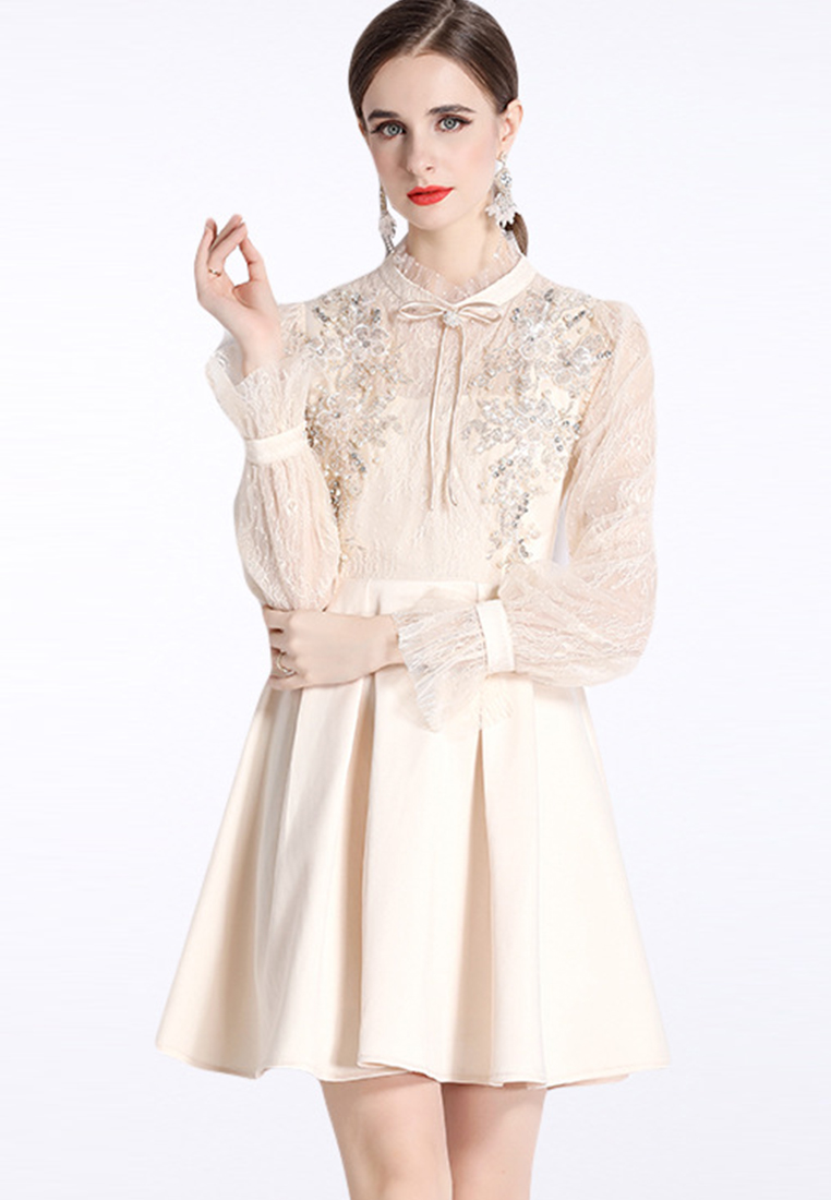 High Quality Royal Court-Inspired Gown Lace French Vintage Luxury Long Sleeves Mini DressCA081607