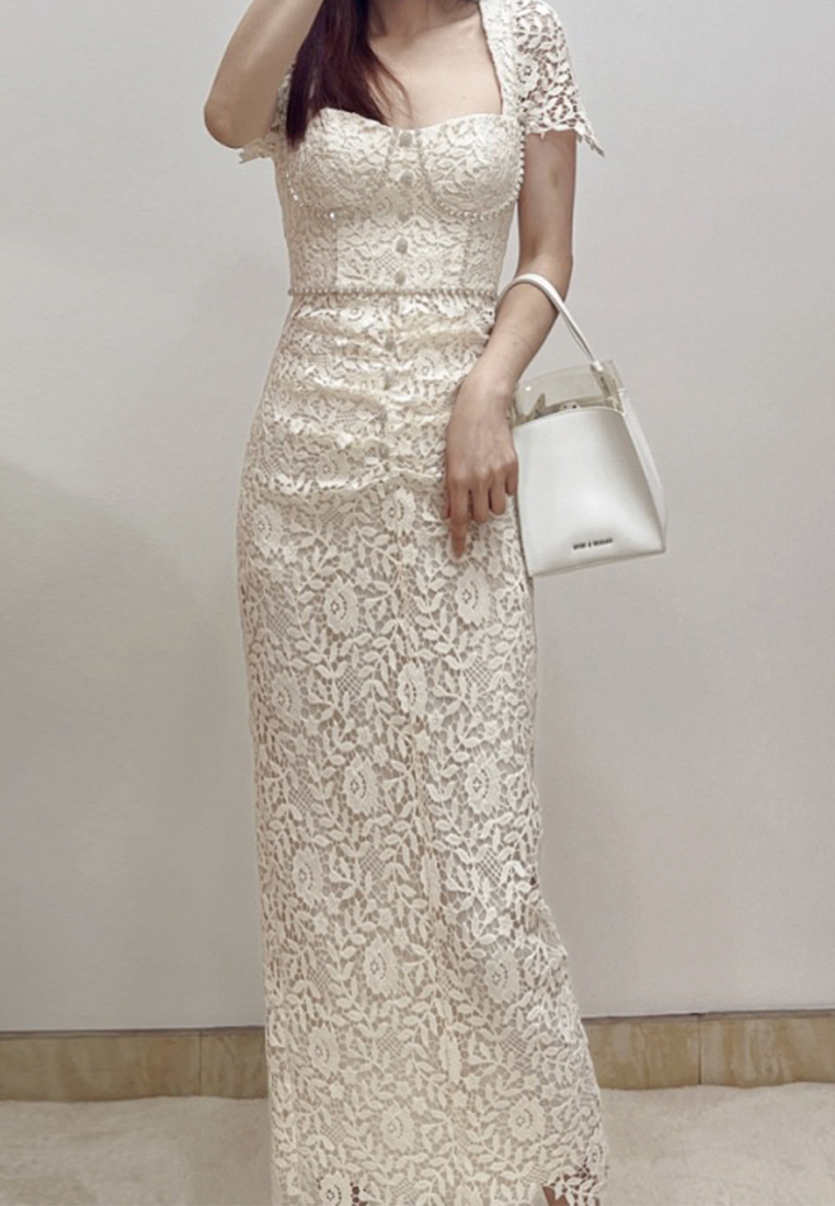 Modern simplicity White Vintage Formal Women Attire Lace Hook Flower Midi Elegant Dress CA081611