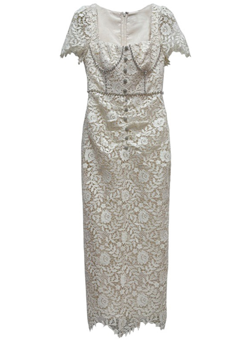 Modern simplicity White Vintage Formal Women Attire Lace Hook Flower Midi Elegant Dress CA081611
