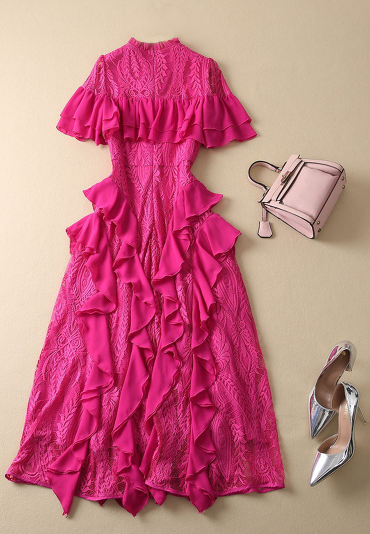 Summer New Lotus Leaf Edge Lace Dress CA081631