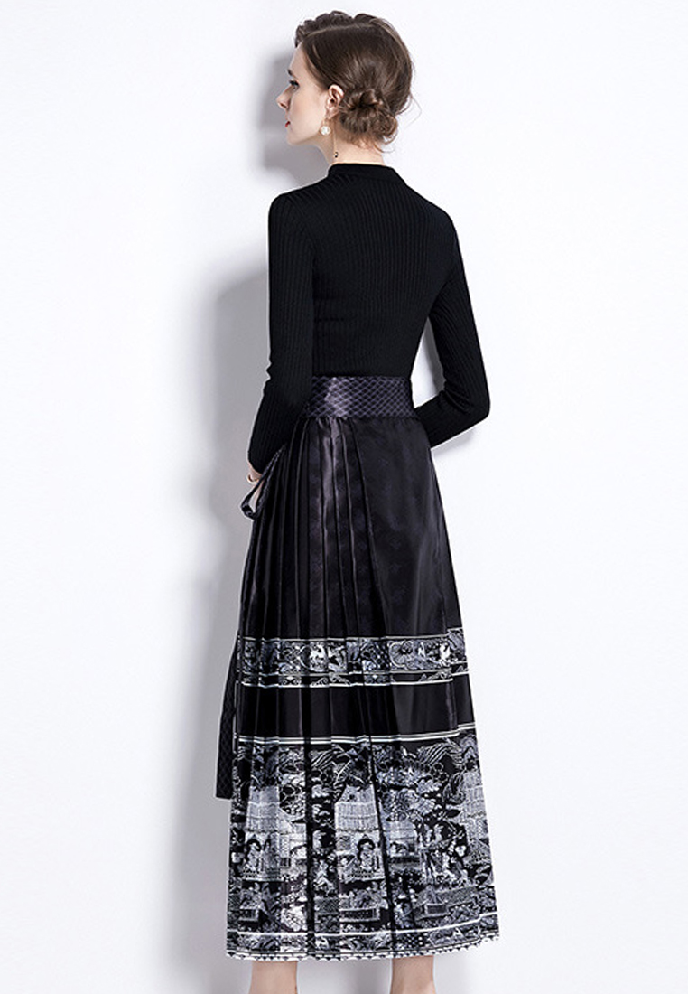 Fashionable and elegant printed black top and skirt set CA100507