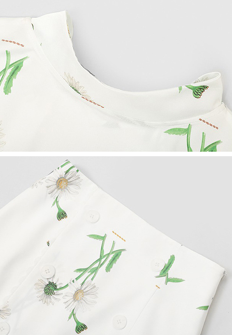 Fashionable French Retro Satin Print T-shirt Half Skirt Set Dresses CA1005101