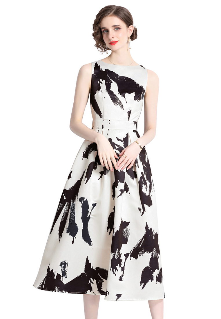 Ink Art Print Sleeveless High Waist Dress CA1005112