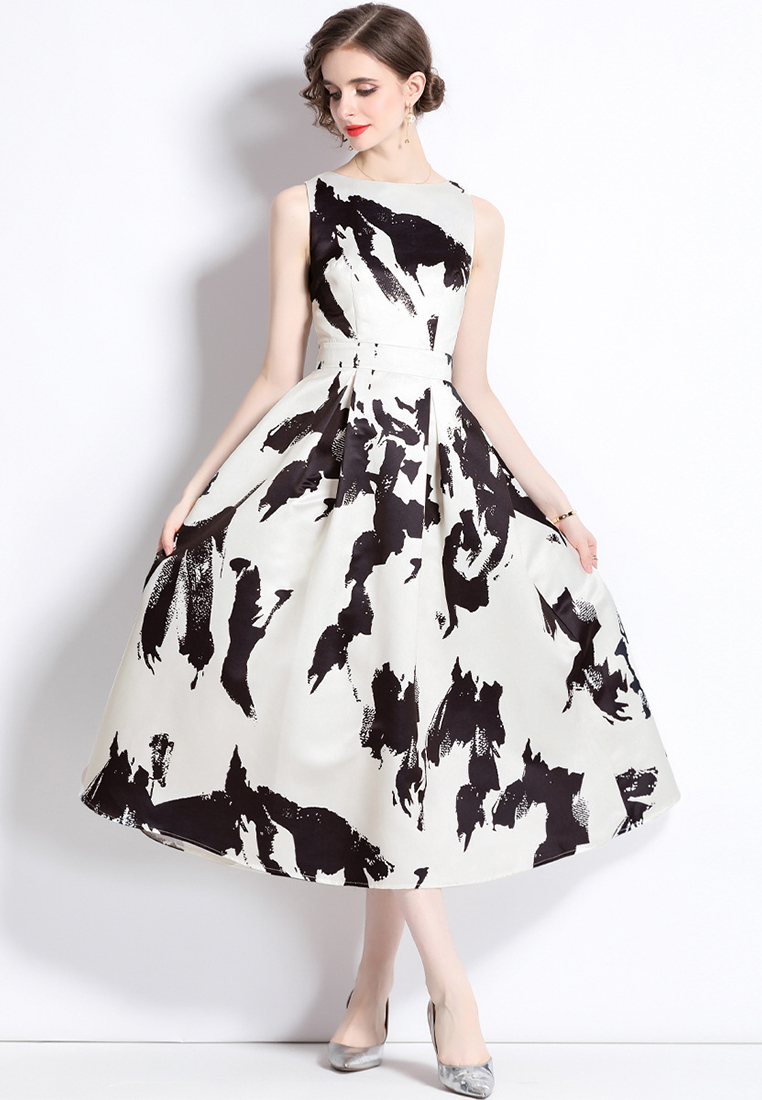 Ink Art Print Sleeveless High Waist Dress CA1005112