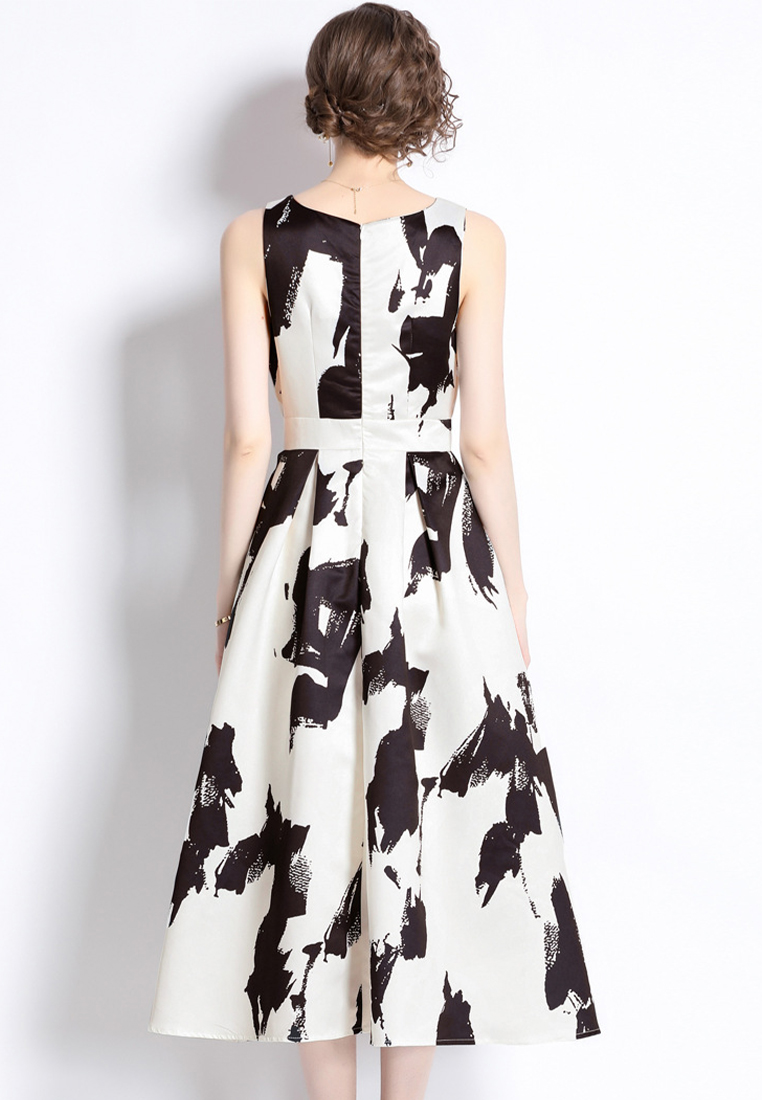 Ink Art Print Sleeveless High Waist Dress CA1005112