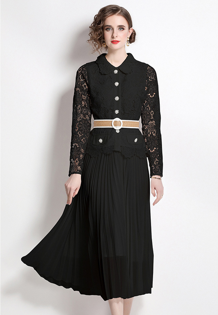 Retro pleated lace gentle temperament dress CA100533BK