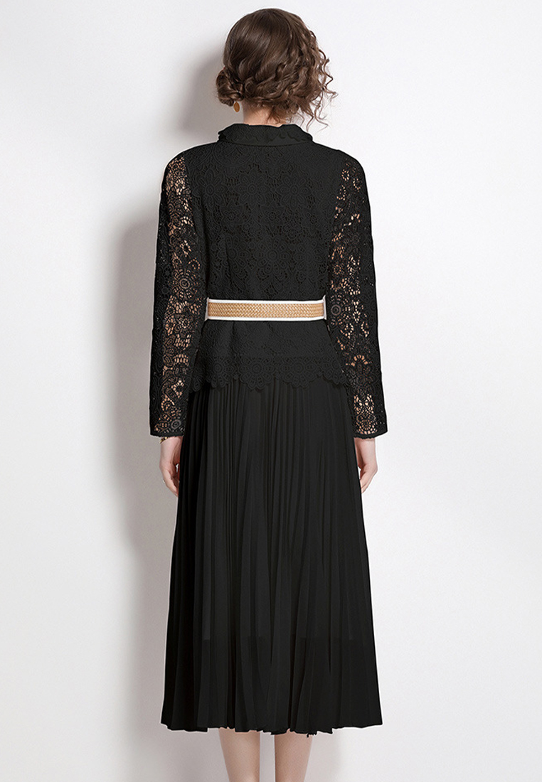 Retro pleated lace gentle temperament dress CA100533BK