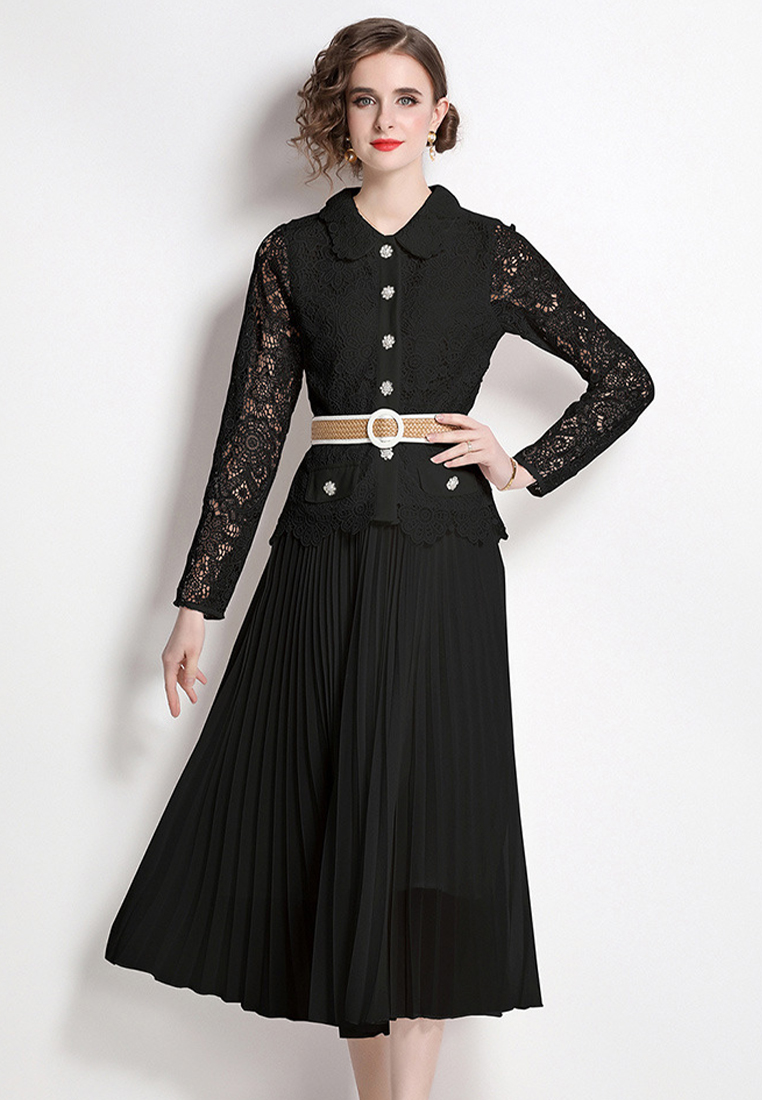 Retro pleated lace gentle temperament dress CA100533BK