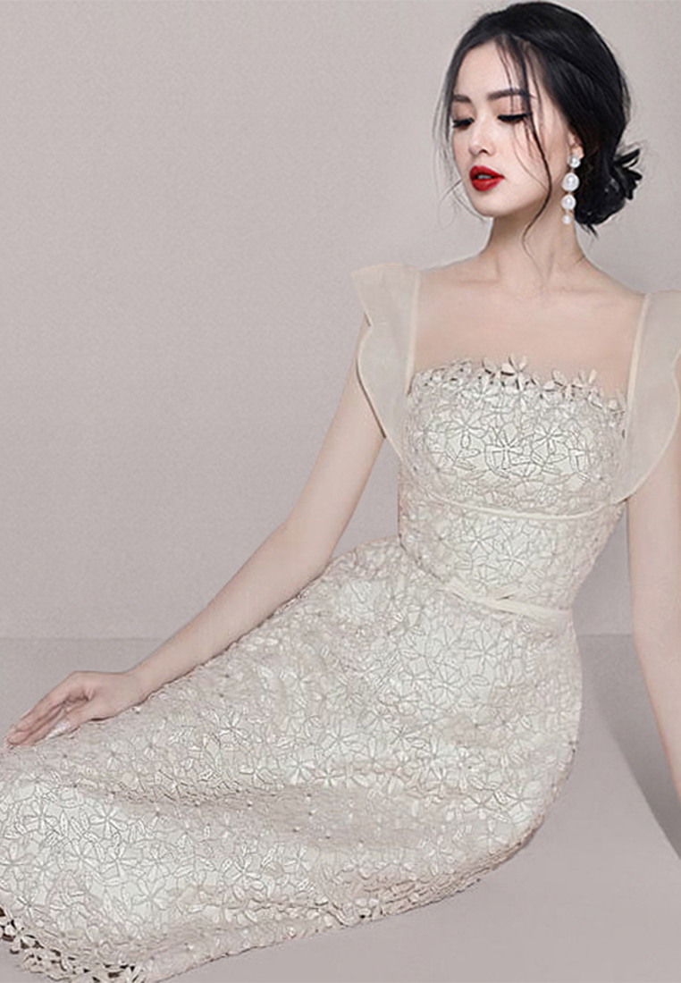 French sleeveless crochet embroidery gown dress CA100535