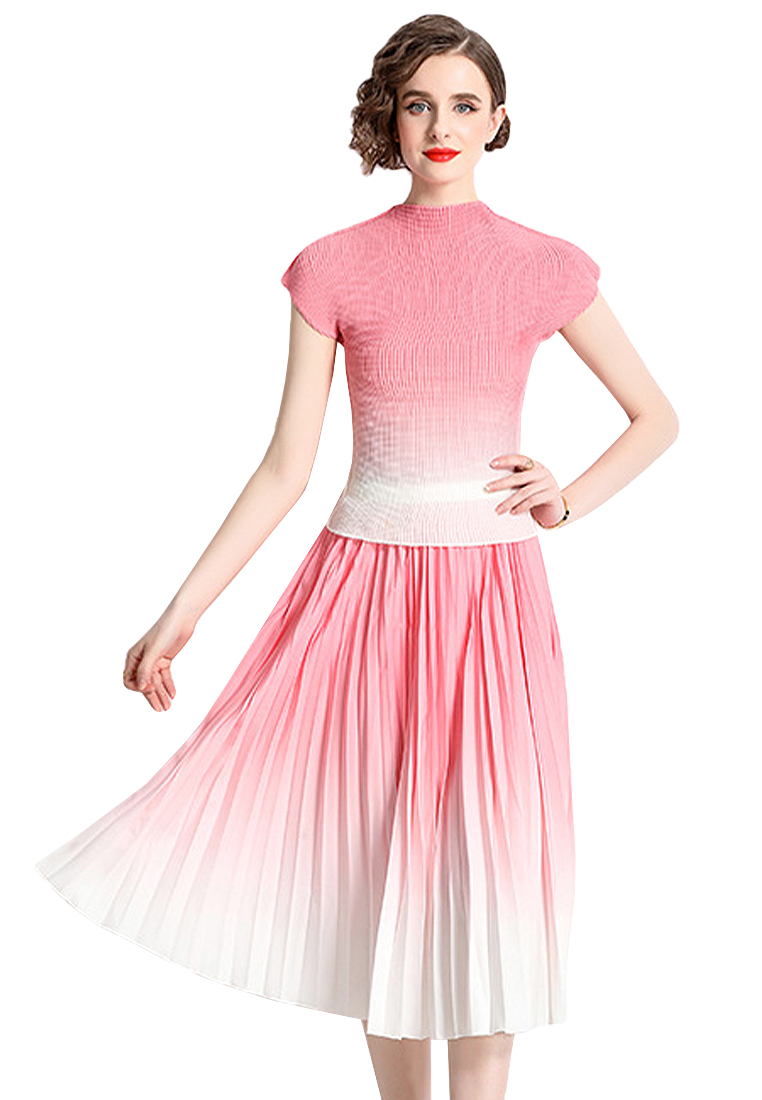Gradient printed pleated top and skirt suit CA100536GY
