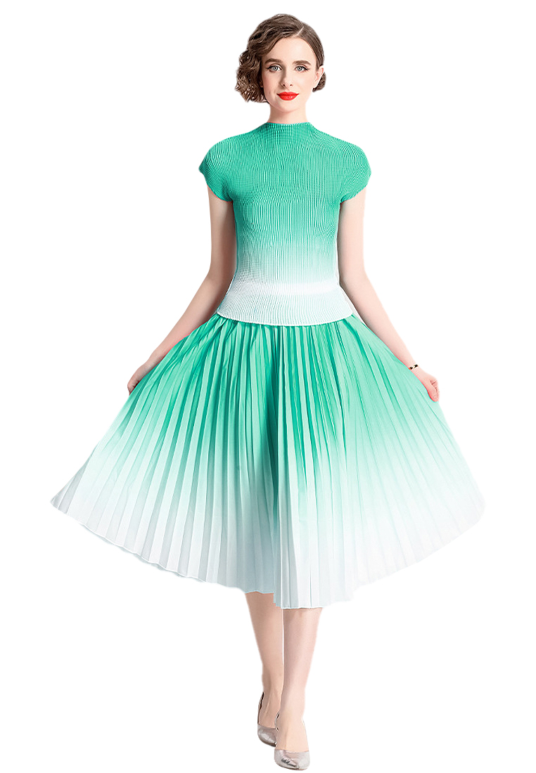Gradient printed pleated top and skirt suit CA100536GY